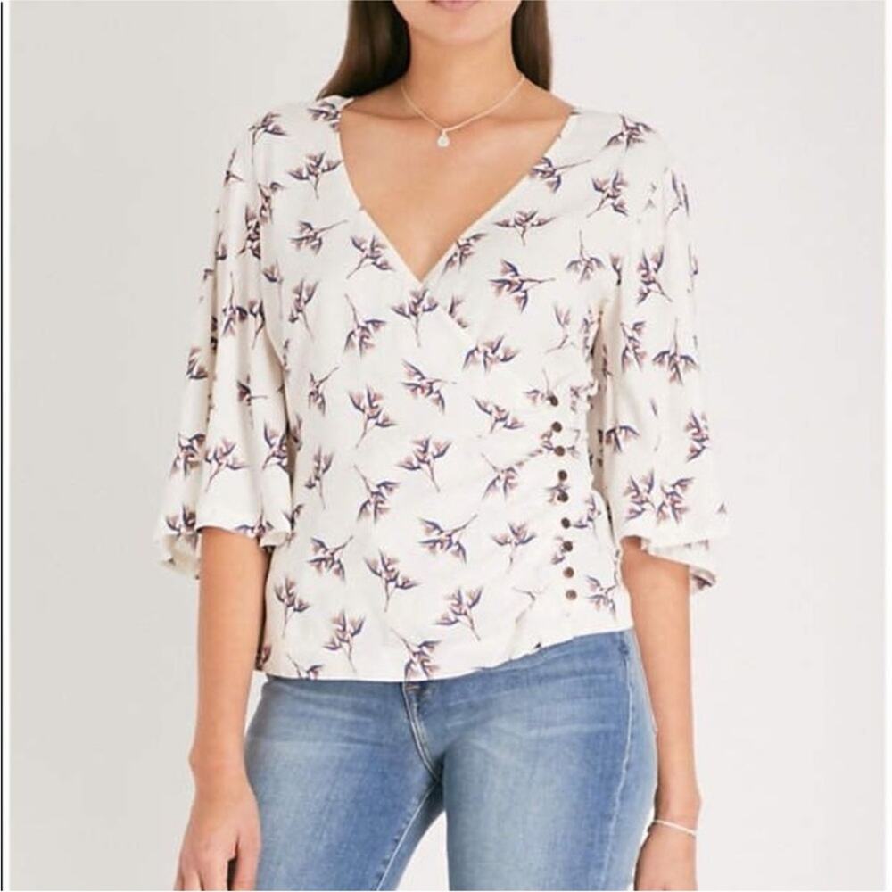 Ba&sh Ferdy Birds of Paradise Floral Side Button Wrap Blouse 0 / 4 / XS Ecru